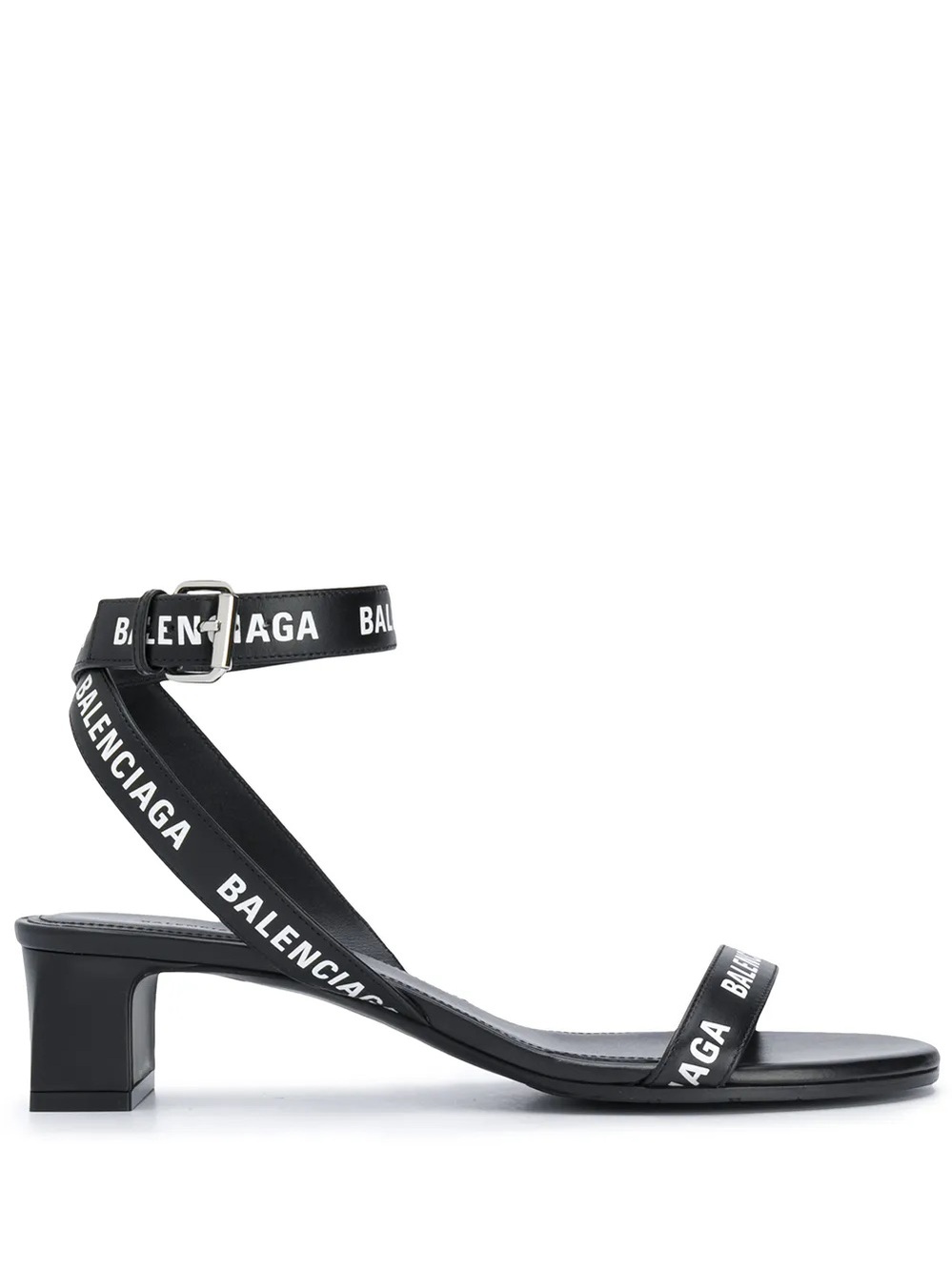 Balenciaga Allover Logo Ankle Strap Block Heel Sandals Black Sz 37.5